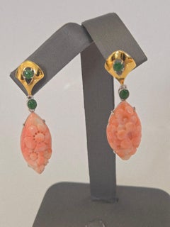 Vintage Natural Pink Coral Floral Carved Earrings Green Jade in 18K Gold