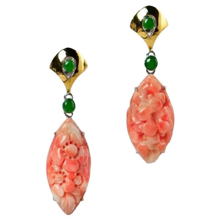Vintage Natural Pink Coral Floral Carved Earrings Green Jade in 18K Gold