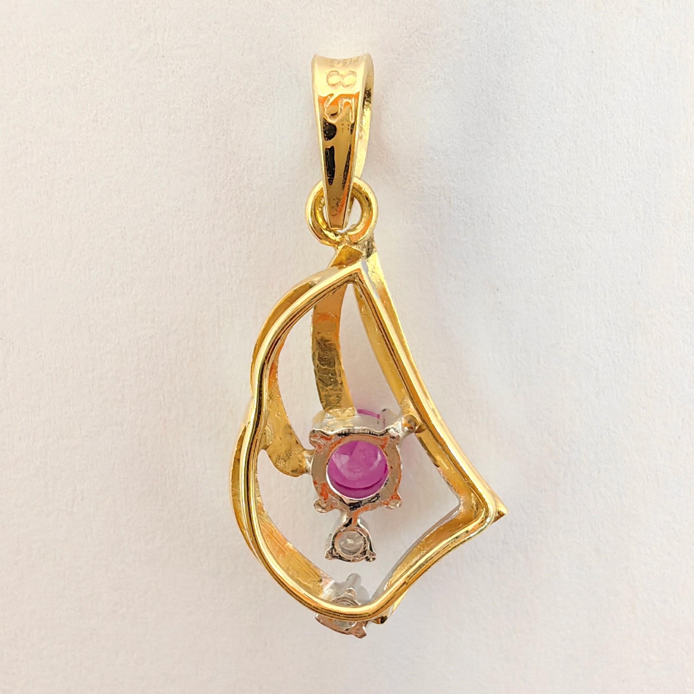 Contemporary Vintage Natural Pink Sapphire Diamond Necklace Pendant in 14K Yellow Gold