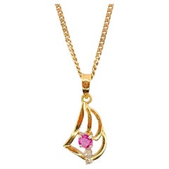 Vintage Natural Pink Sapphire Diamond Necklace Pendant in 14K Yellow Gold
