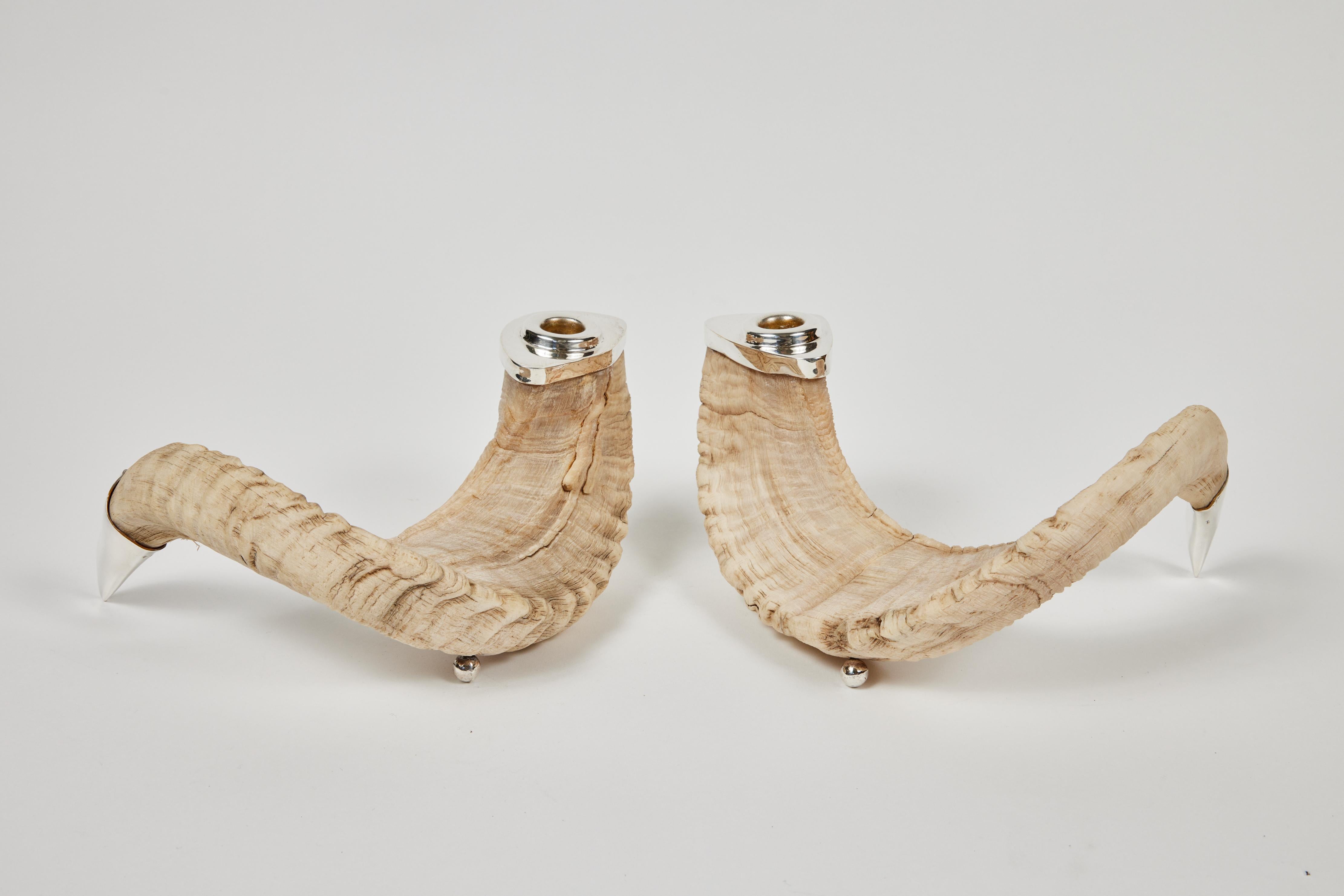 Vintage natural ram Horn + sterling candle holders pair.