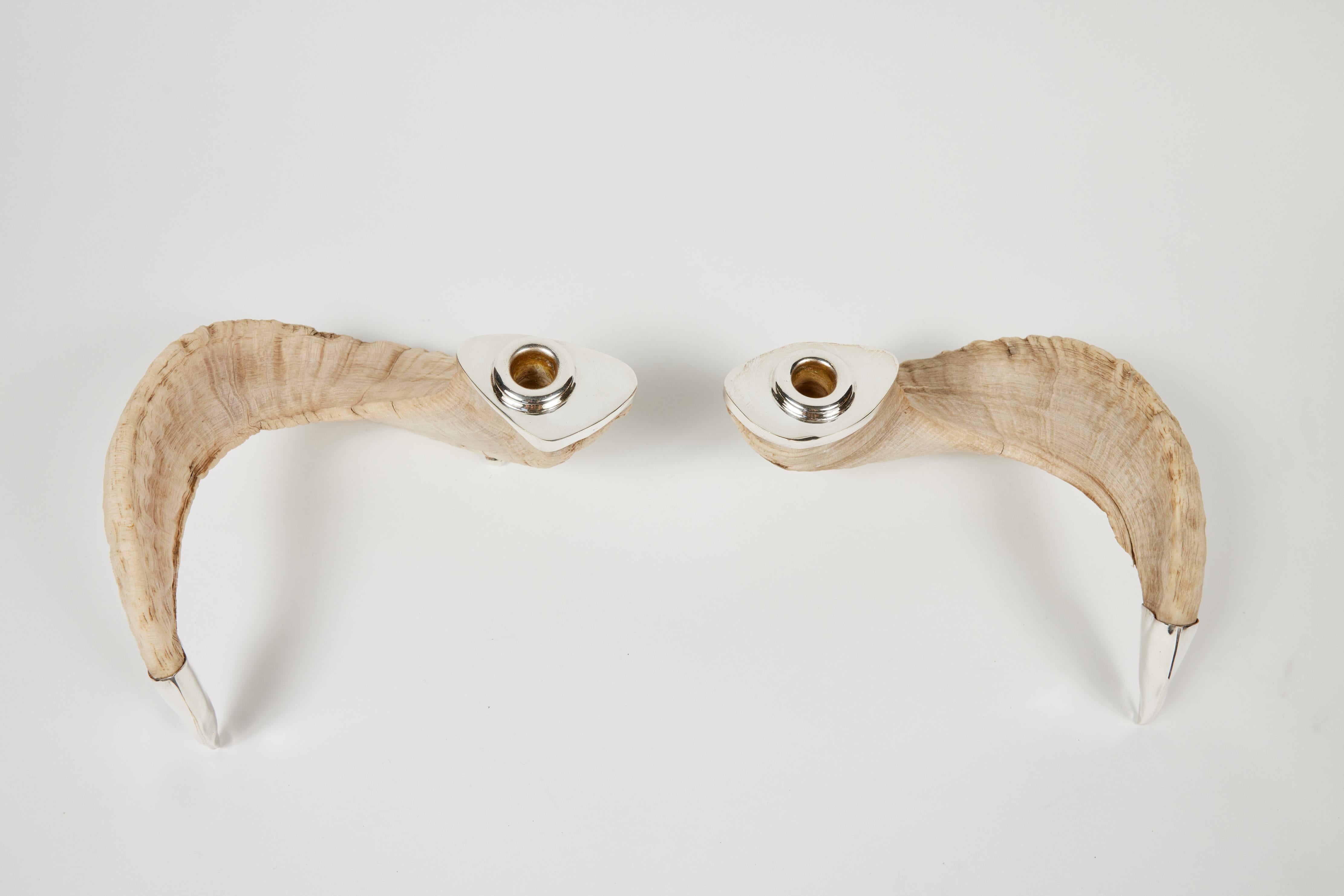 Vintage Natural Ram Horn + Sterling Candle Holders Pair In Good Condition In Pasadena, CA