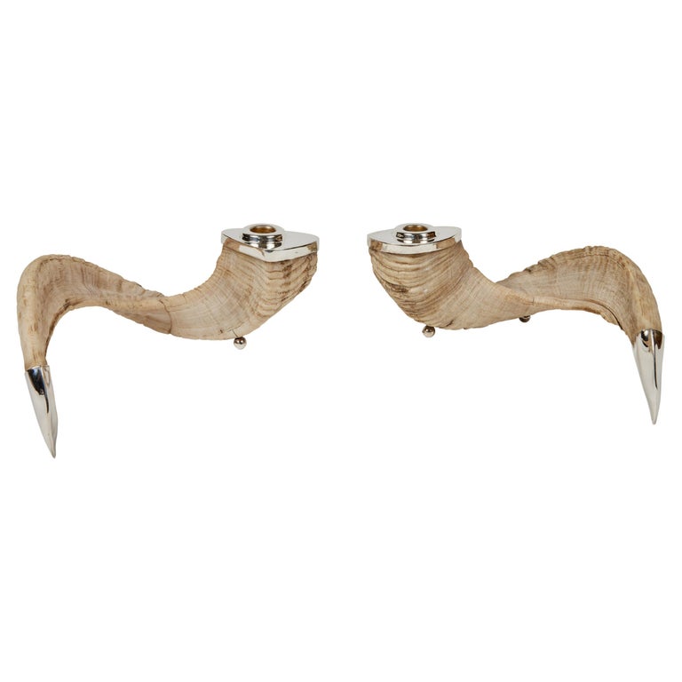 Vintage Natural Ram Horn + Sterling Candle Holders Pair at 1stDibs
