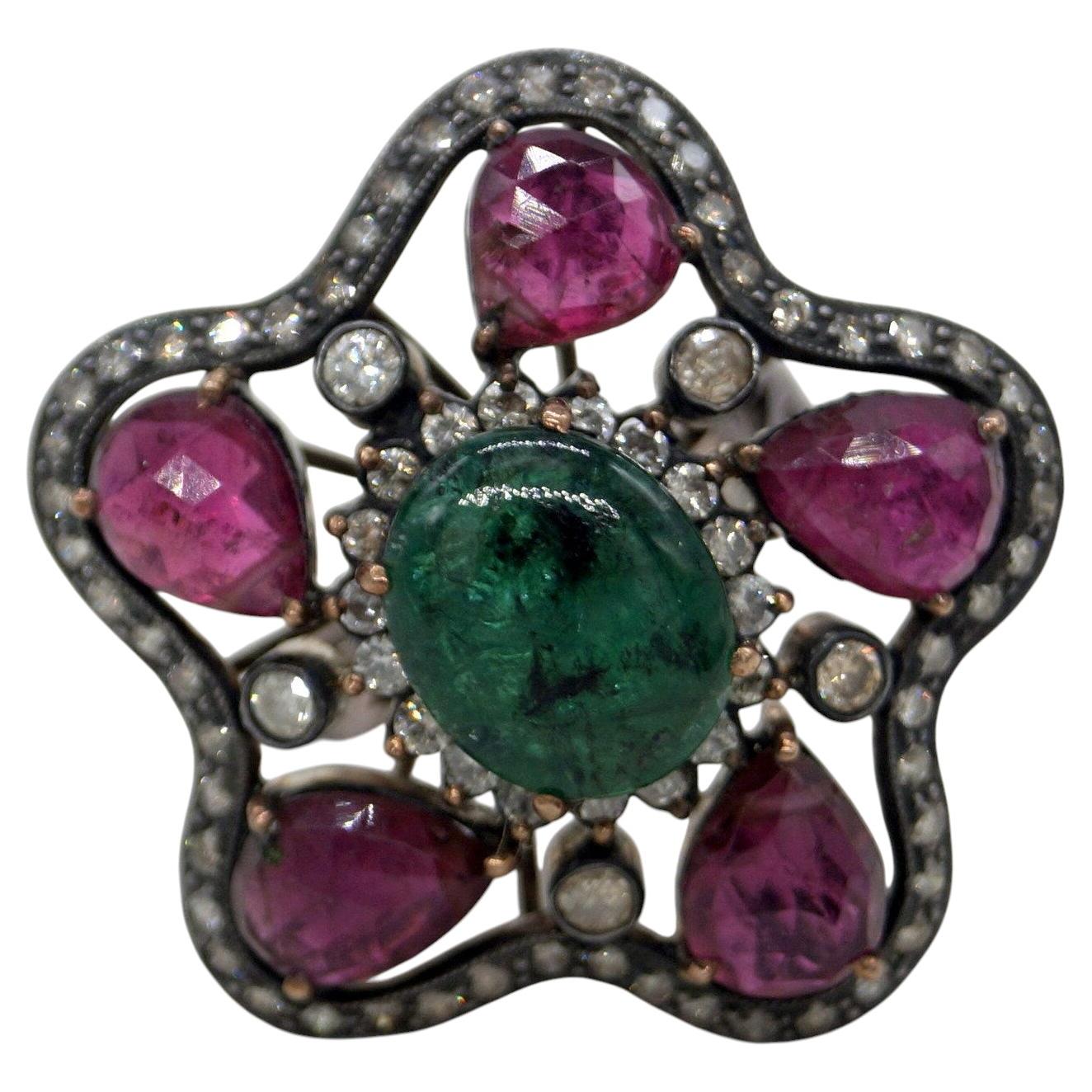 Vintage Natural real diamonds sterling silver emerald tourmaline cocktail ring For Sale