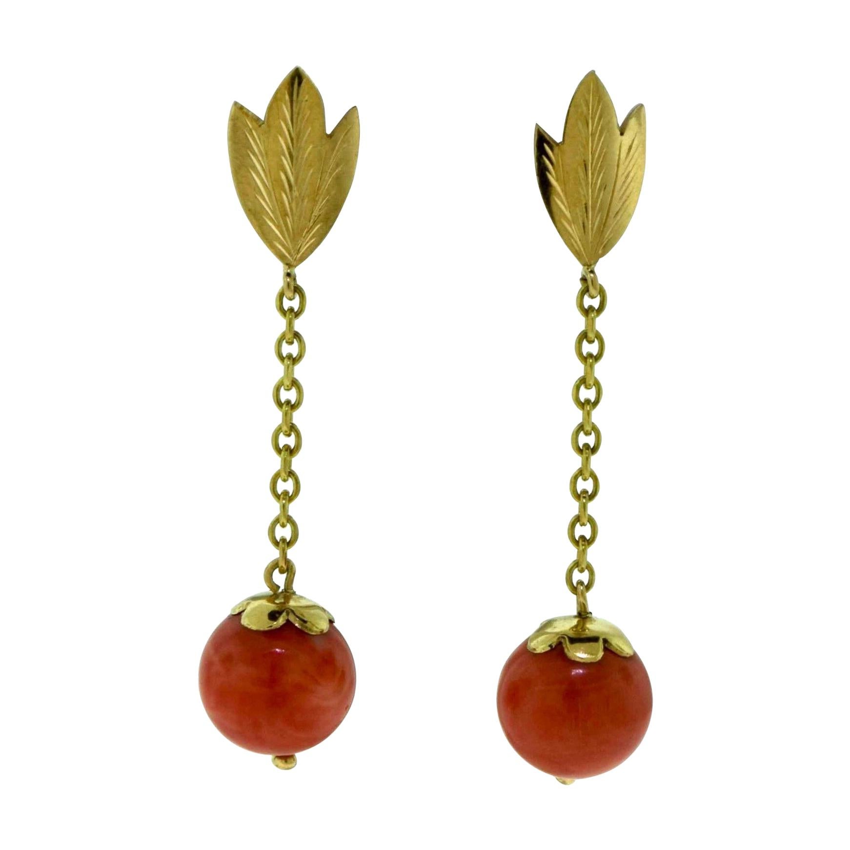 Vintage Natural Red Coral Beaded Yellow Gold Dangle Drop Earrings