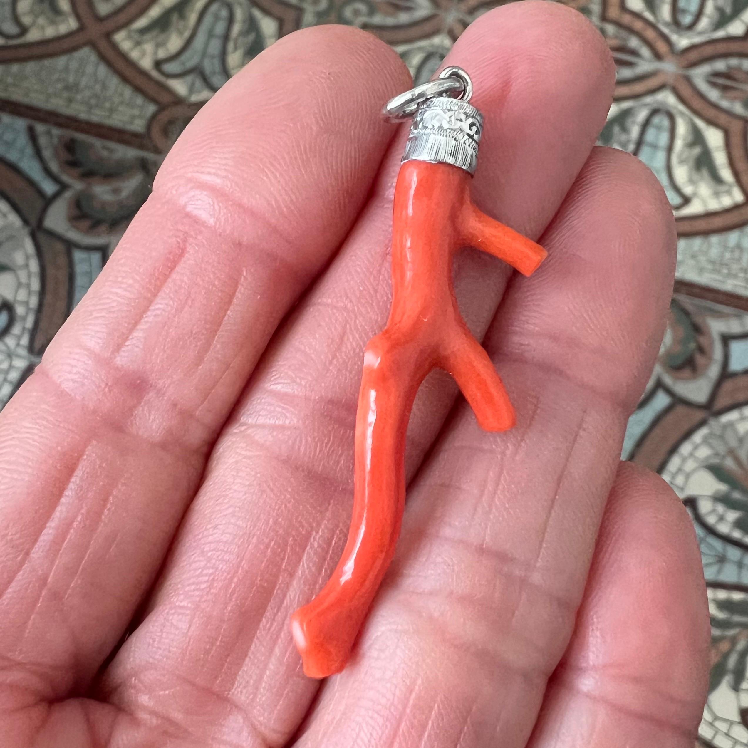 Taglio misto Ciondolo a forma di ramo di corallo rosso naturale d'epoca (Corallium Rubrum) con cappuccio d'argento in vendita