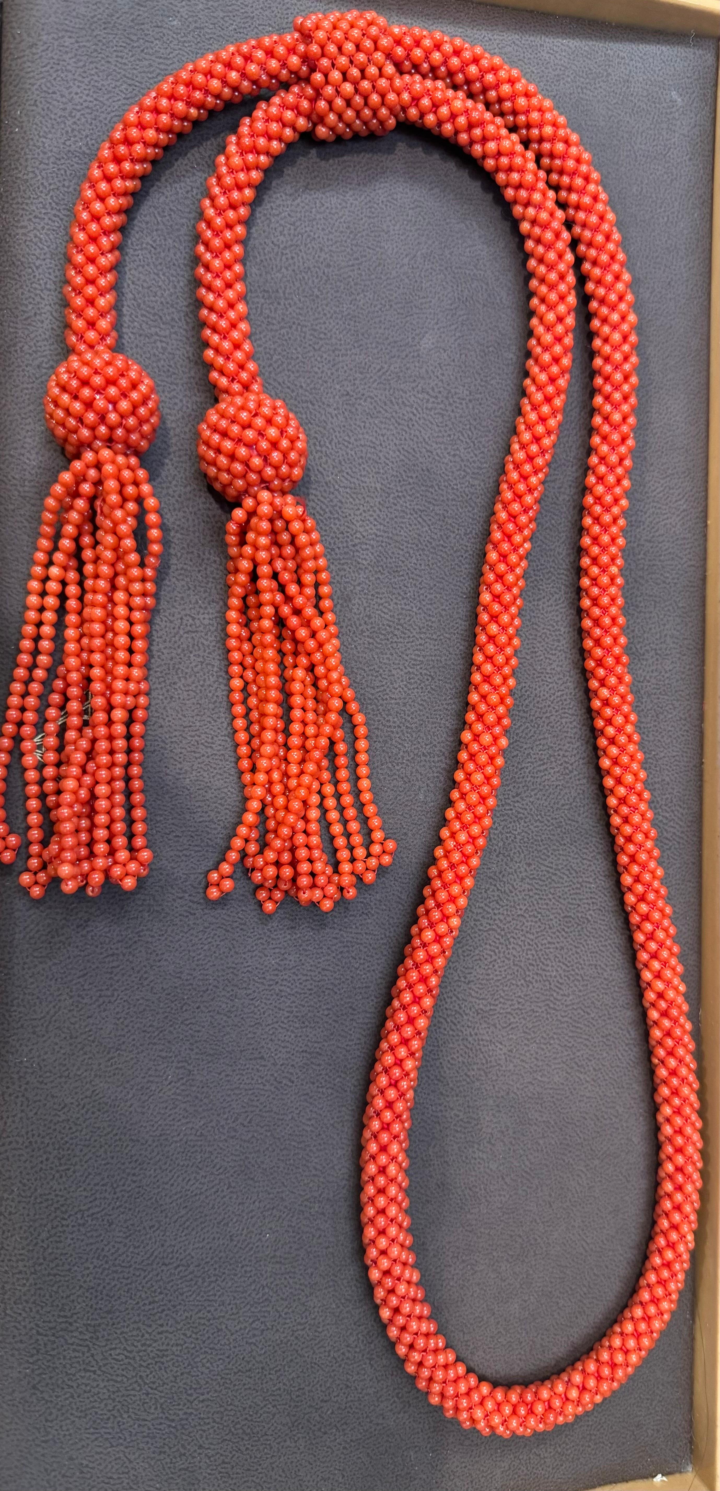 Vintage Natural Red Coral Lariat Bead Necklace, Estate Fine Jewelry, 42 