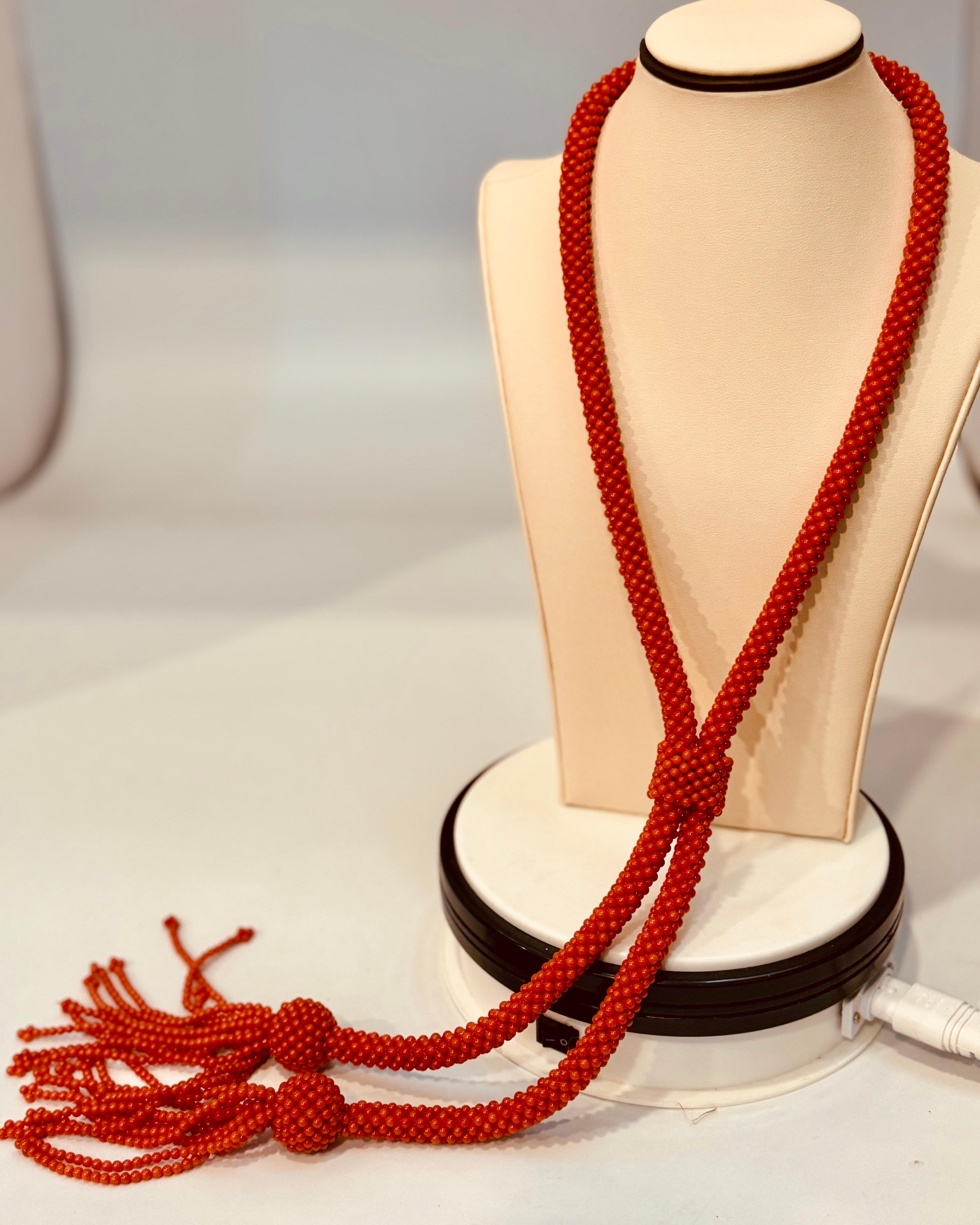 Vintage Natural Red Coral Lariat Bead Necklace, Estate Fine Jewelry, 42 