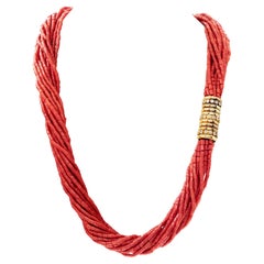 Vintage natural red coral rectangular tube "Waterfall" gold & diamond necklace