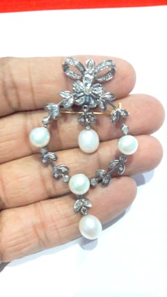Vintage natural rose cut diamonds real pearl bow brooch with 18K gold plating
