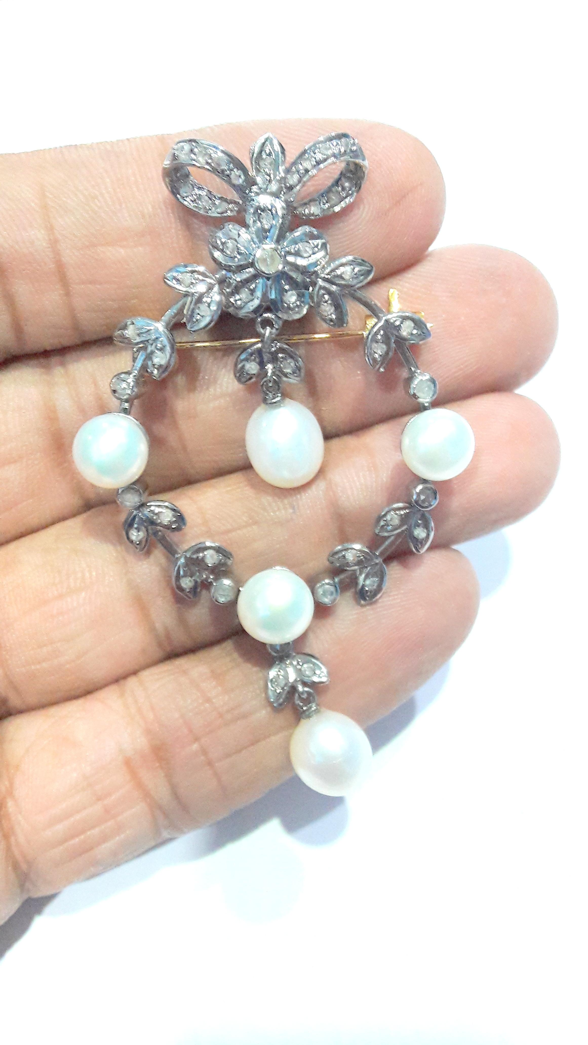 Rose Cut Vintage natural rose cut diamonds real pearl bow brooch with 18K gold plating For Sale