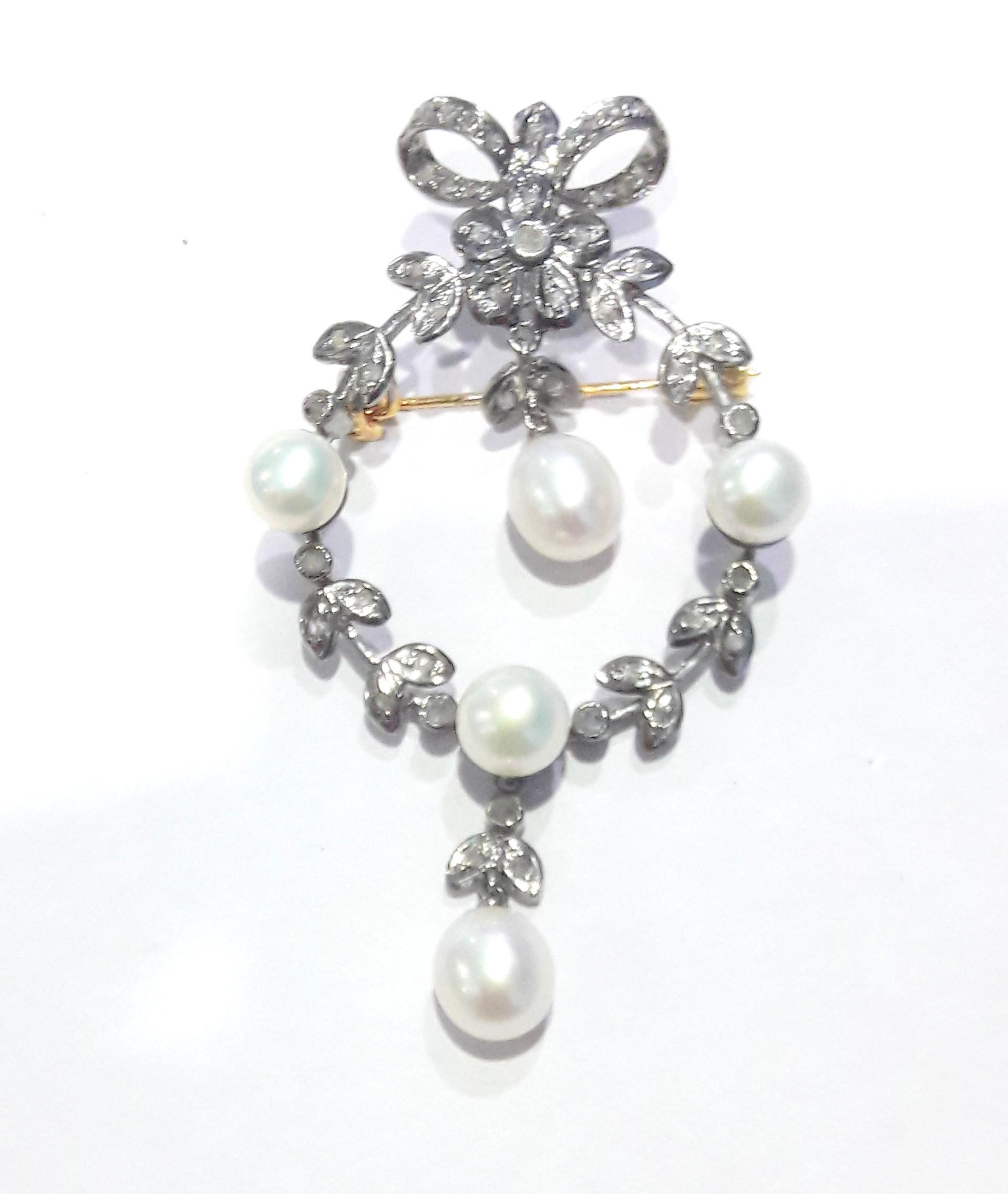 Women's or Men's Vintage natural rose cut diamonds real pearl bow brooch with 18K gold plating For Sale