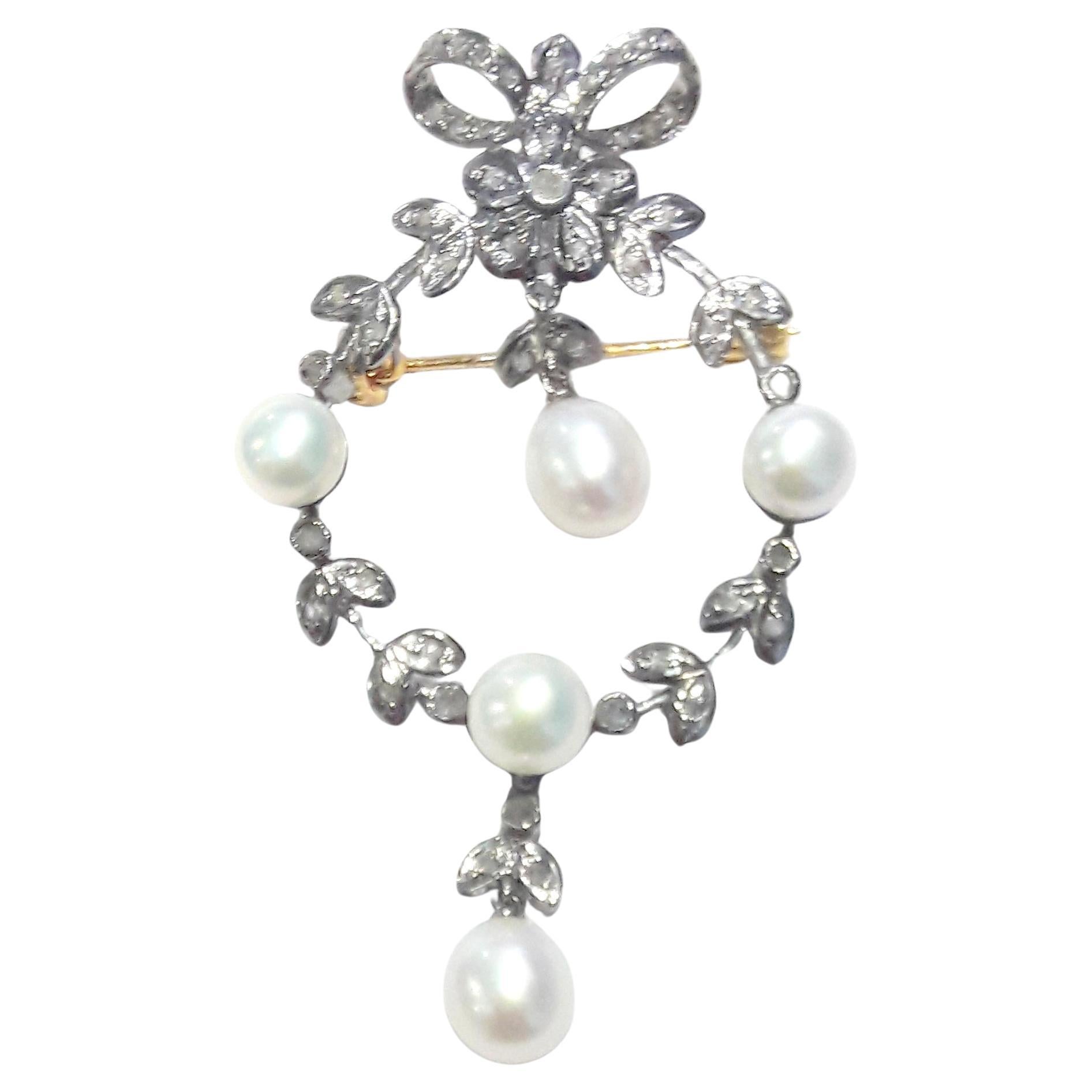 Vintage natural rose cut diamonds real pearl bow brooch with 18K gold plating For Sale