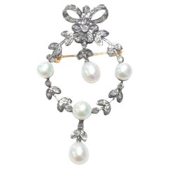 Broche vintage de lazo de perlas reales con diamantes naturales talla rosa chapados en oro de 18 quilates