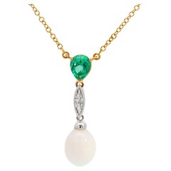 Vintage Natural Saltwater Conch Pearl & Emerald Drop 18K Gold Pendant Necklace