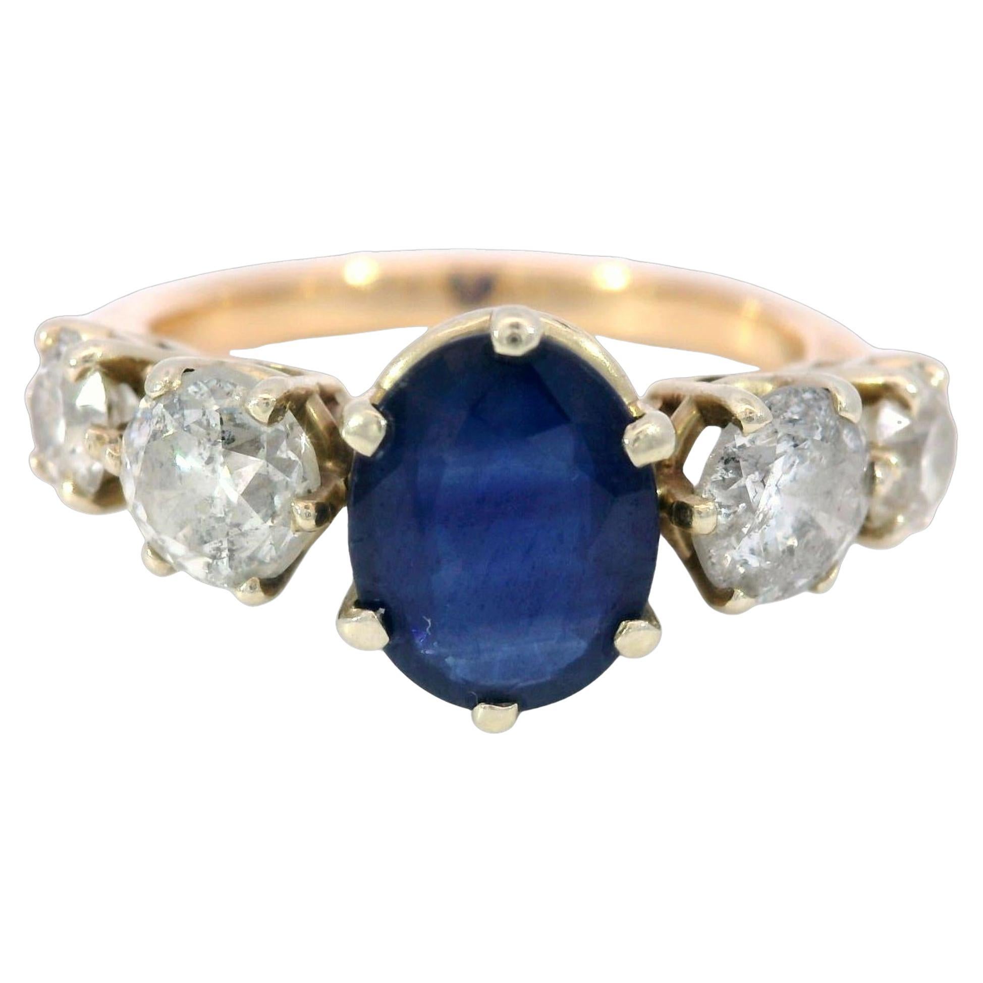Bague vintage en or jaune 14 carats avec saphir et diamants, pierre naturelle de 3,71 carats