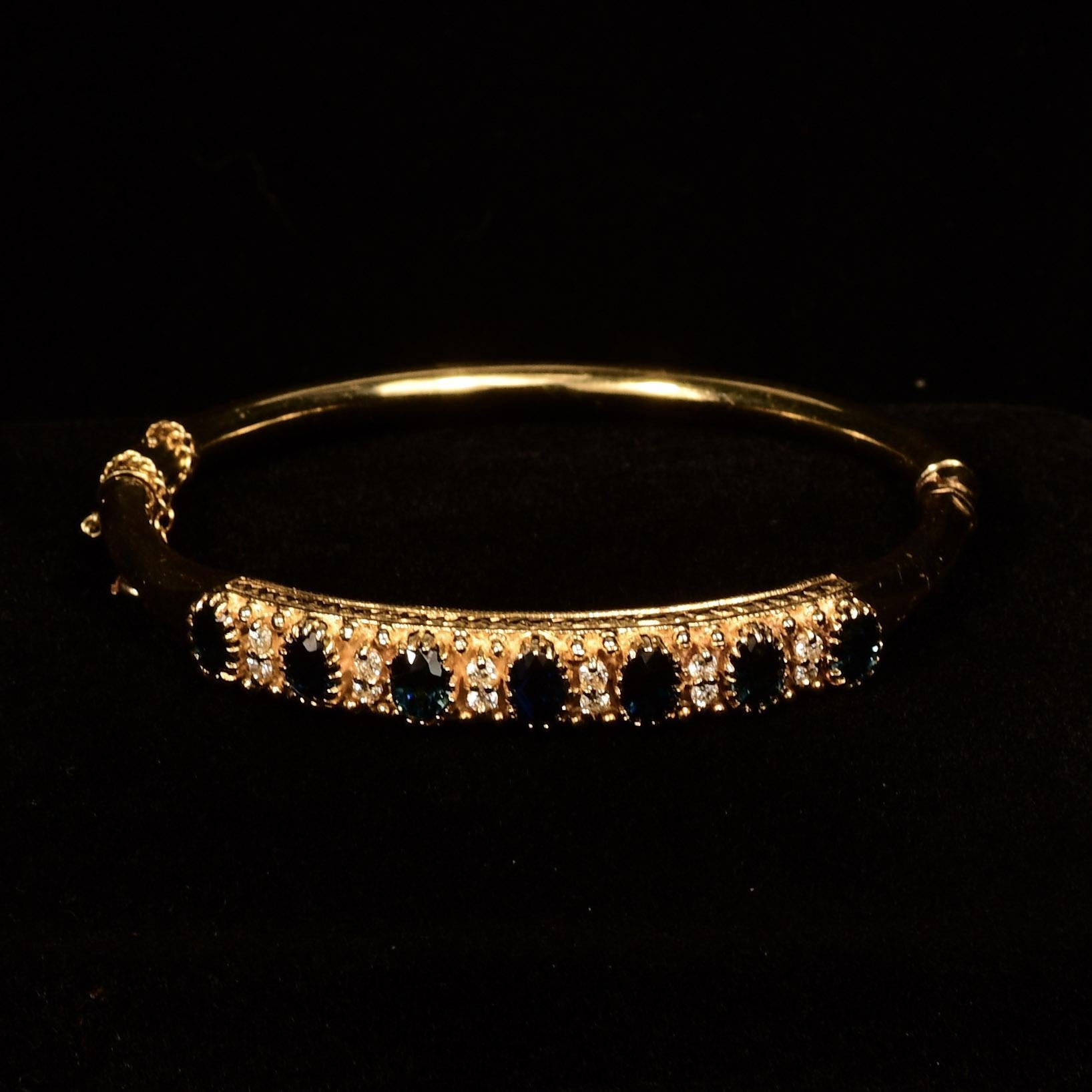 Women's Vintage Natural Sapphire and Diamond Hinged Bangel Bracelet