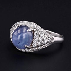 Vintage Natural Star Sapphire and Diamond Ring of Platinum