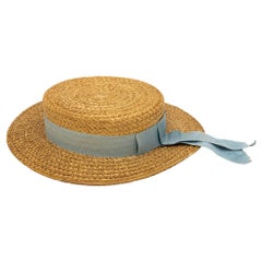 Vintage Natural Straw Pale Blue Ribbon Bow Boater Hat, The Ridgemont Make, 1930s
