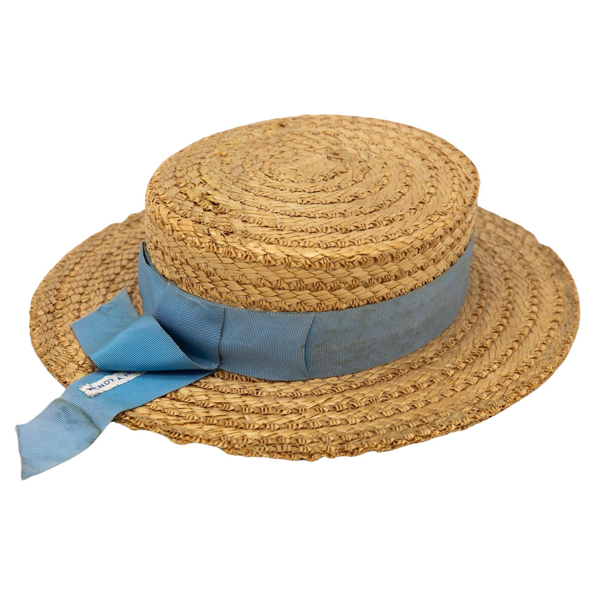 Vintage Natural Straw Pale Blue Ribbon Bow Boater Hat, The Ridgemont ...