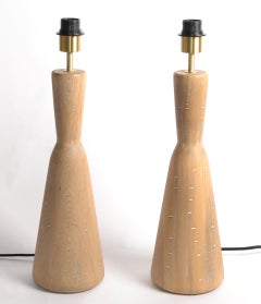 Vintage Natural Tapered Solid Wood Brass Table Lamps Mid-Century Modern, Pair