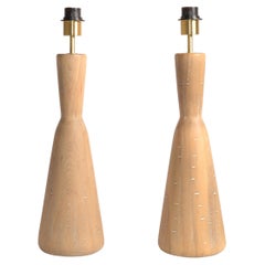 Vintage Natural Tapered Solid Wood Brass Table Lamps Mid-Century Modern, Pair