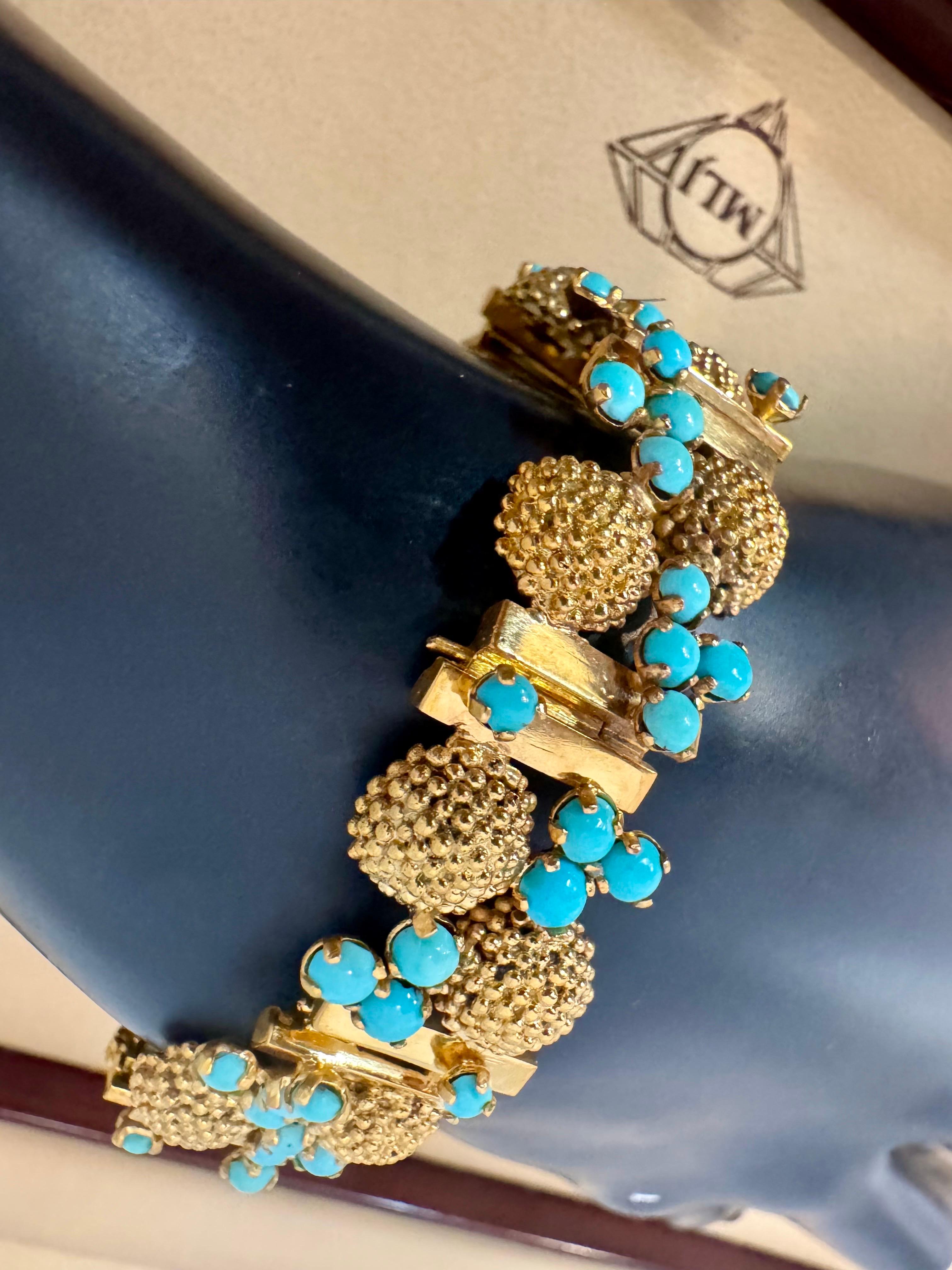 Vintage Natural Turquoise  Bangle /Bracelet in 14 Kt Yellow Gold 39.4 Grams In Excellent Condition For Sale In New York, NY
