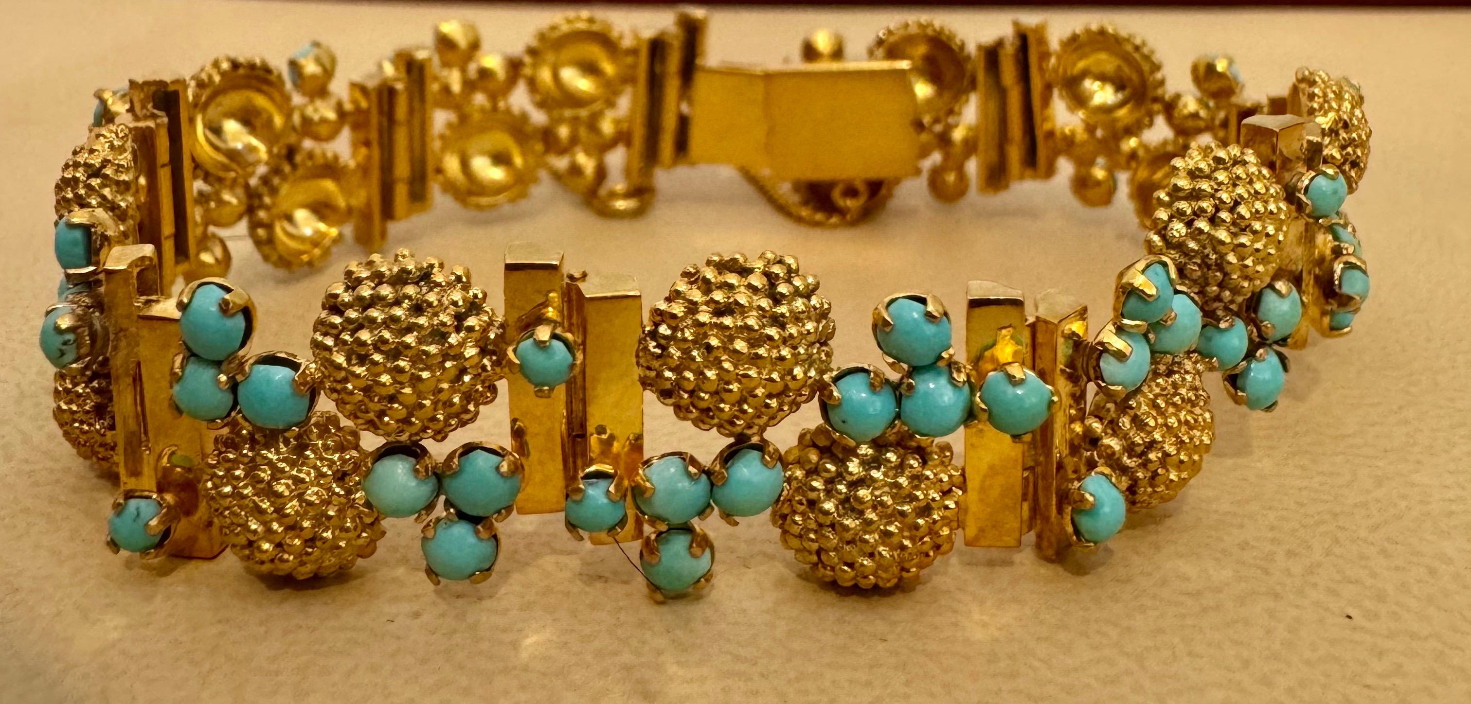 Women's or Men's Vintage Natural Turquoise  Bangle /Bracelet in 14 Kt Yellow Gold 39.4 Grams For Sale