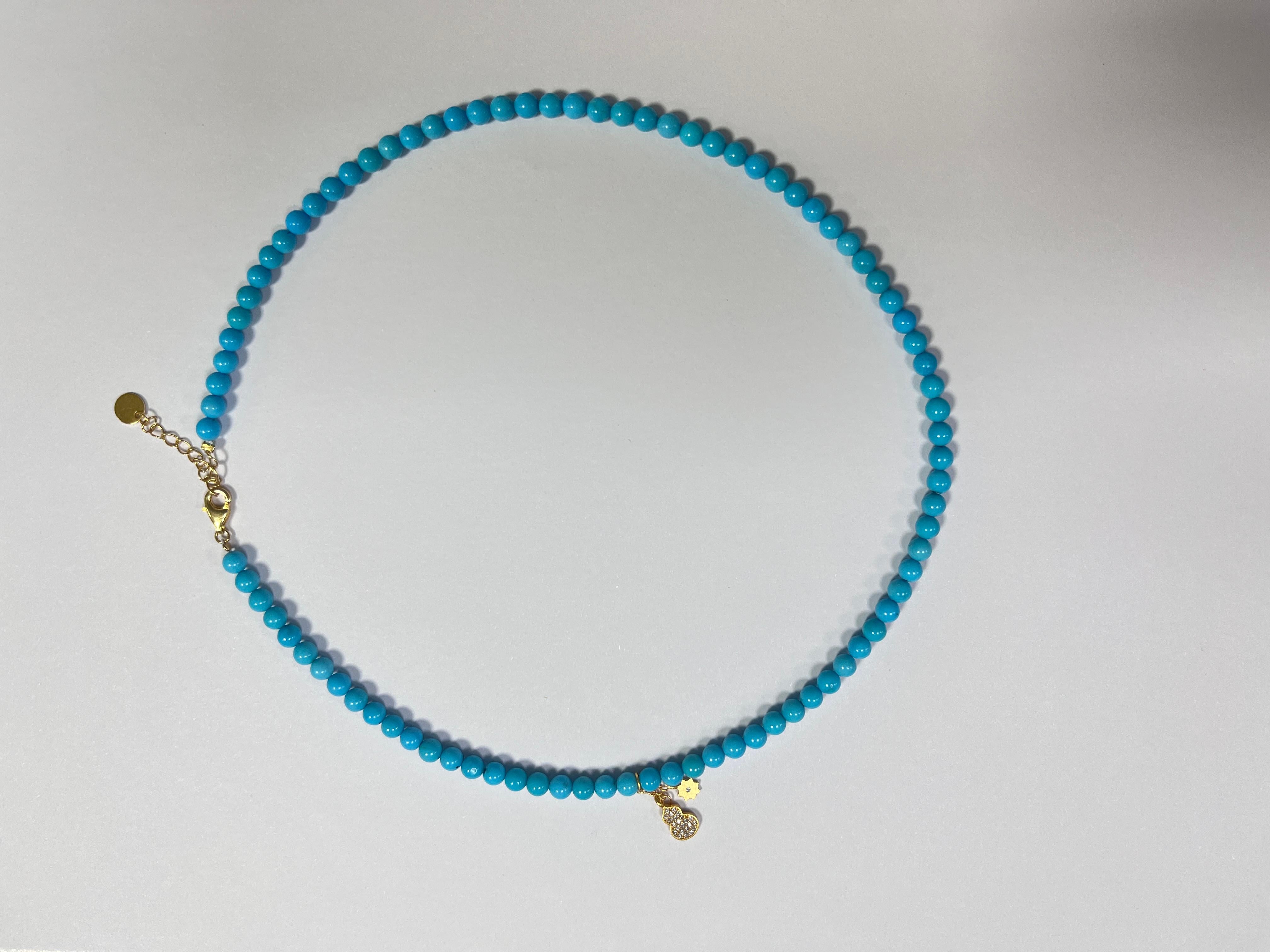 Women's or Men's Vintage 4.5mm Natural Turquoise Bead Necklace with Gold Plated Clasp For Sale