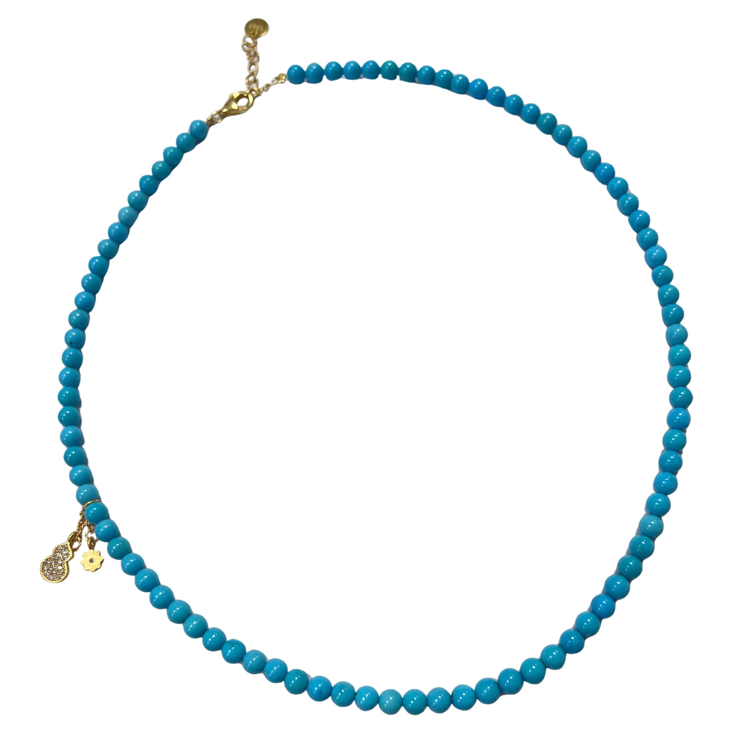 Vintage 4.5mm Natural Turquoise Bead Necklace with Gold Plated Clasp For Sale