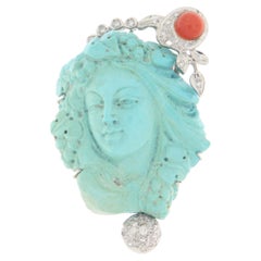 Vintage Turquoise naturelle et diamant Pendentif broche convertible en or blanc 18K