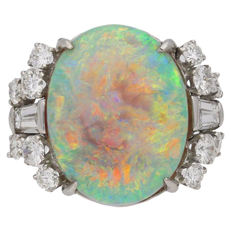 Vintage Opal and Diamond Cocktail Ring, American, circa 1950 For Sale