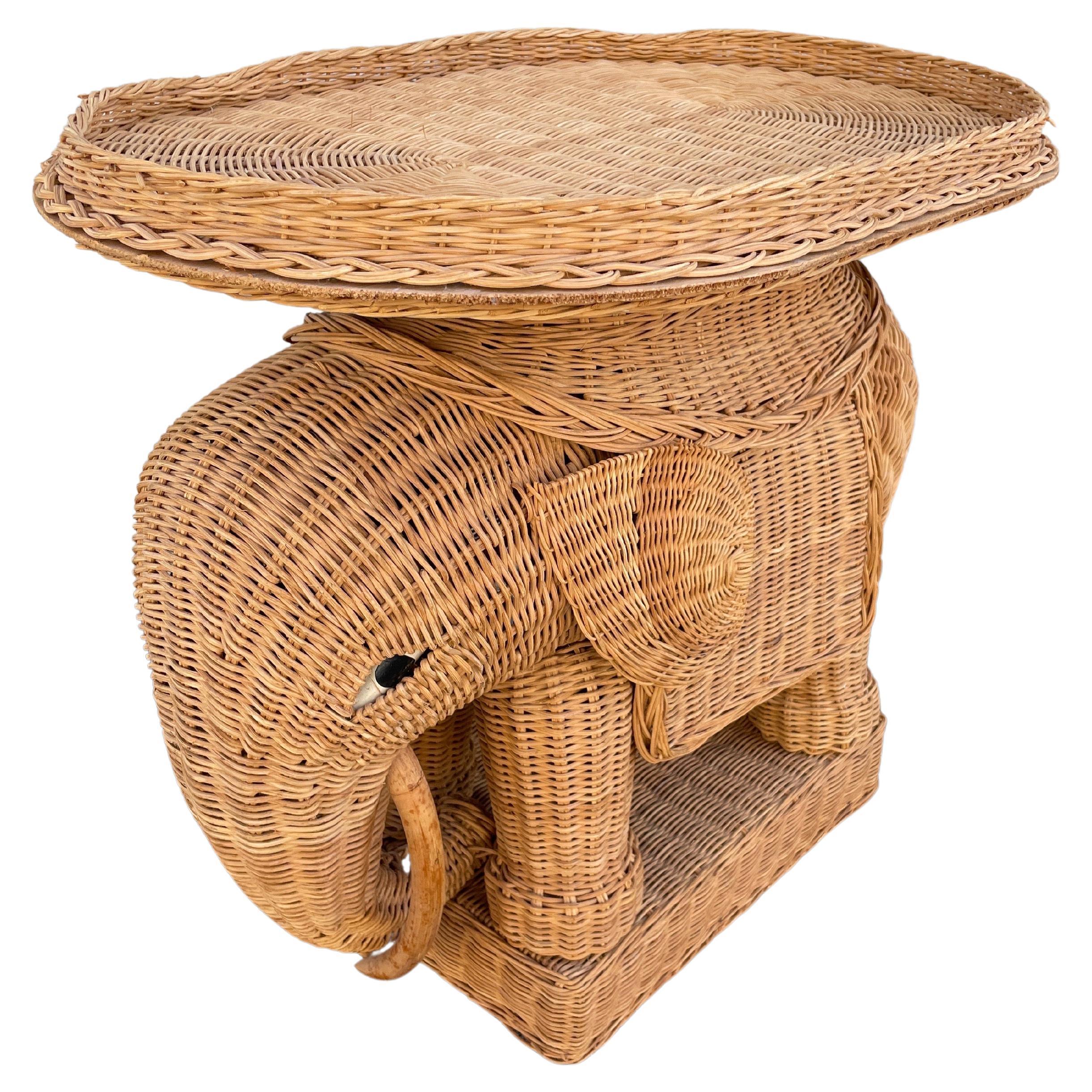 Vintage Natural Wicker Elephant Side Table