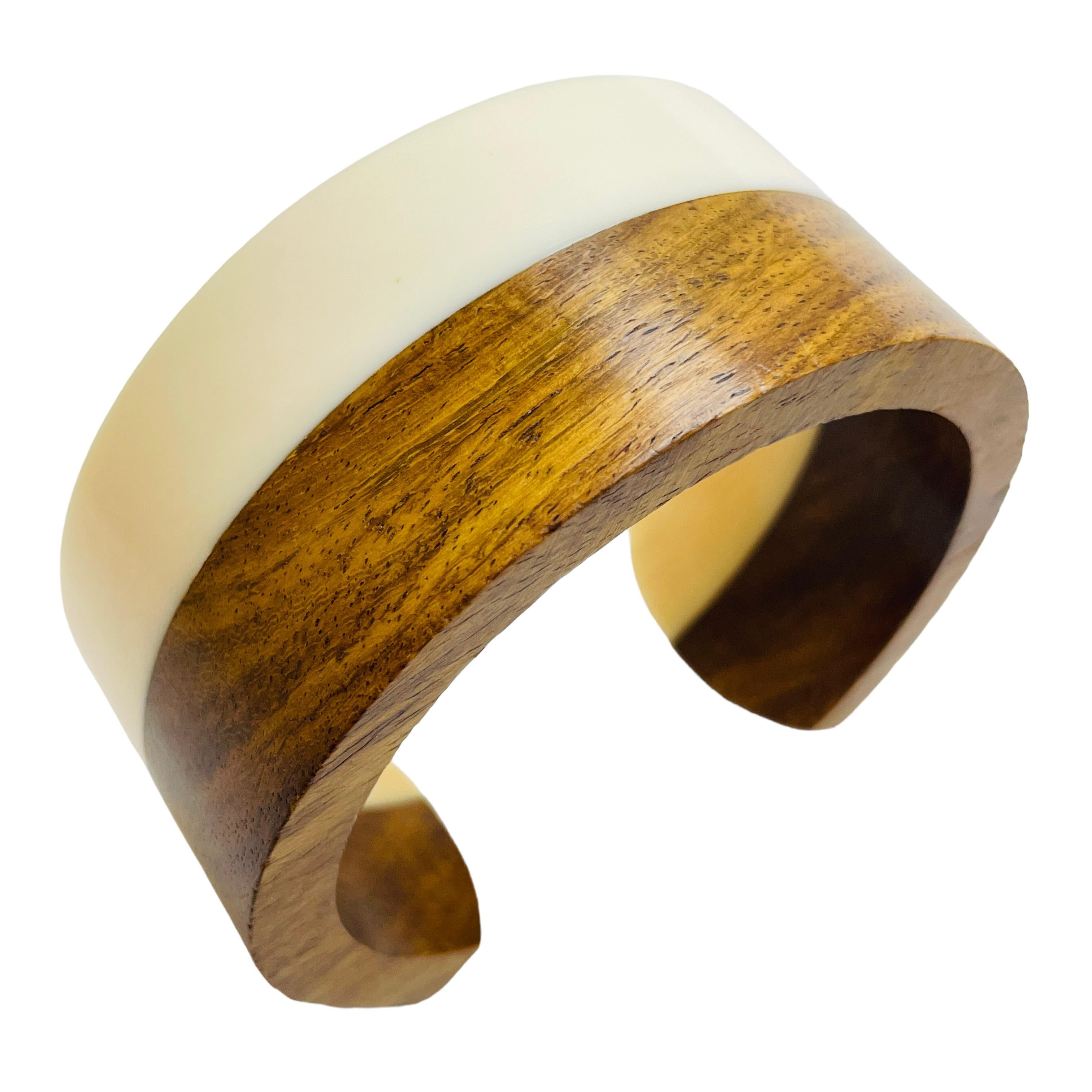 Women's or Men's Vintage natural wood lucite modernist geometric cuff bracelet