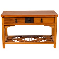 Vintage Natural Wood Side Table with Two Drawers and Crackled Ice Shelf