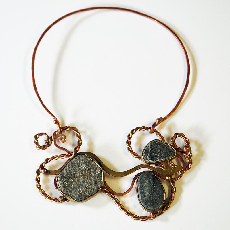 Vintage Naturstone and brass/copper necklace by Anna Greta Eker, Norway 1960s 1