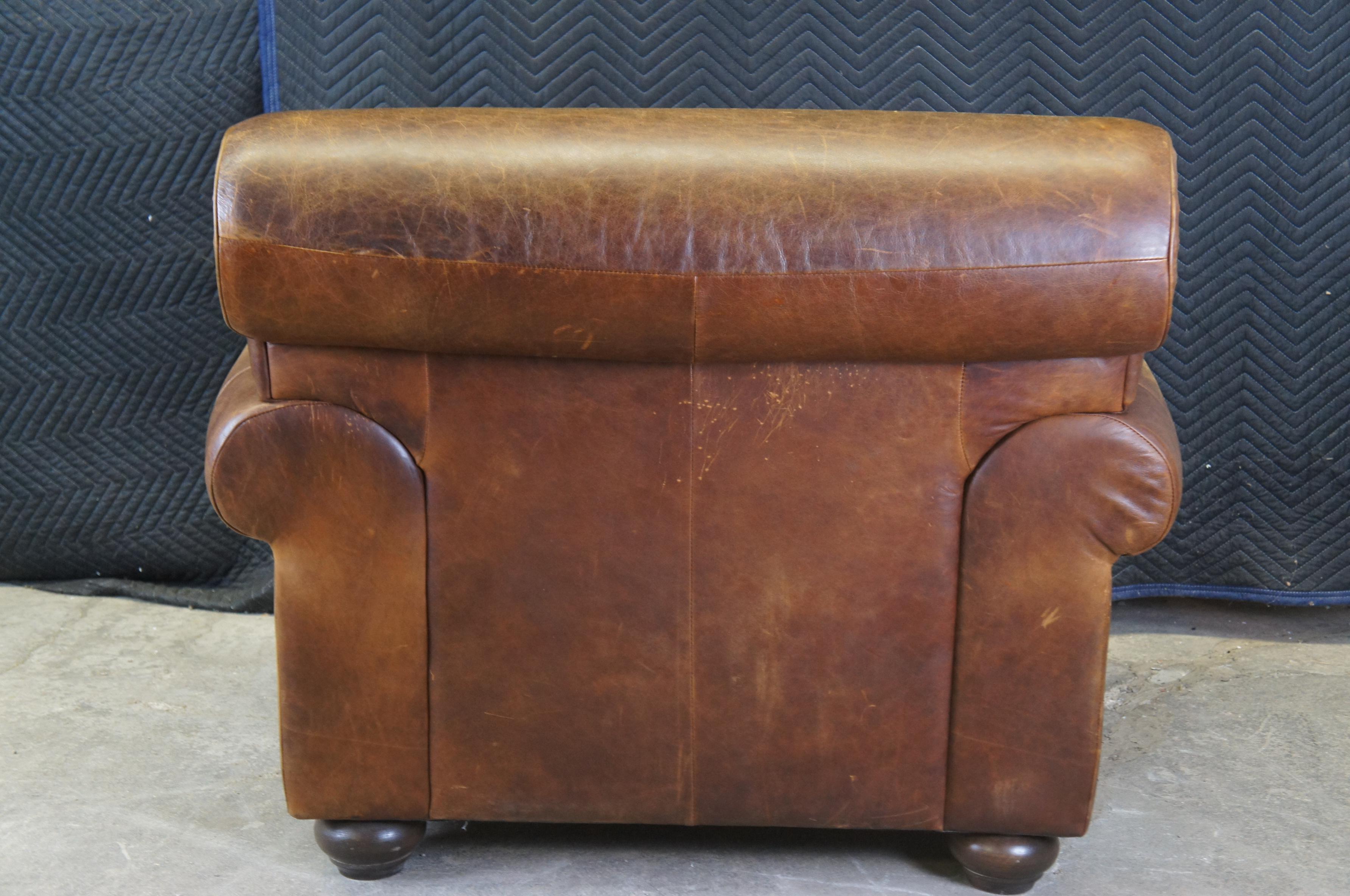 Vintage Natuzzi Italian Brown Leather Rolled Arm Club Lounge Chair & Ottoman 4