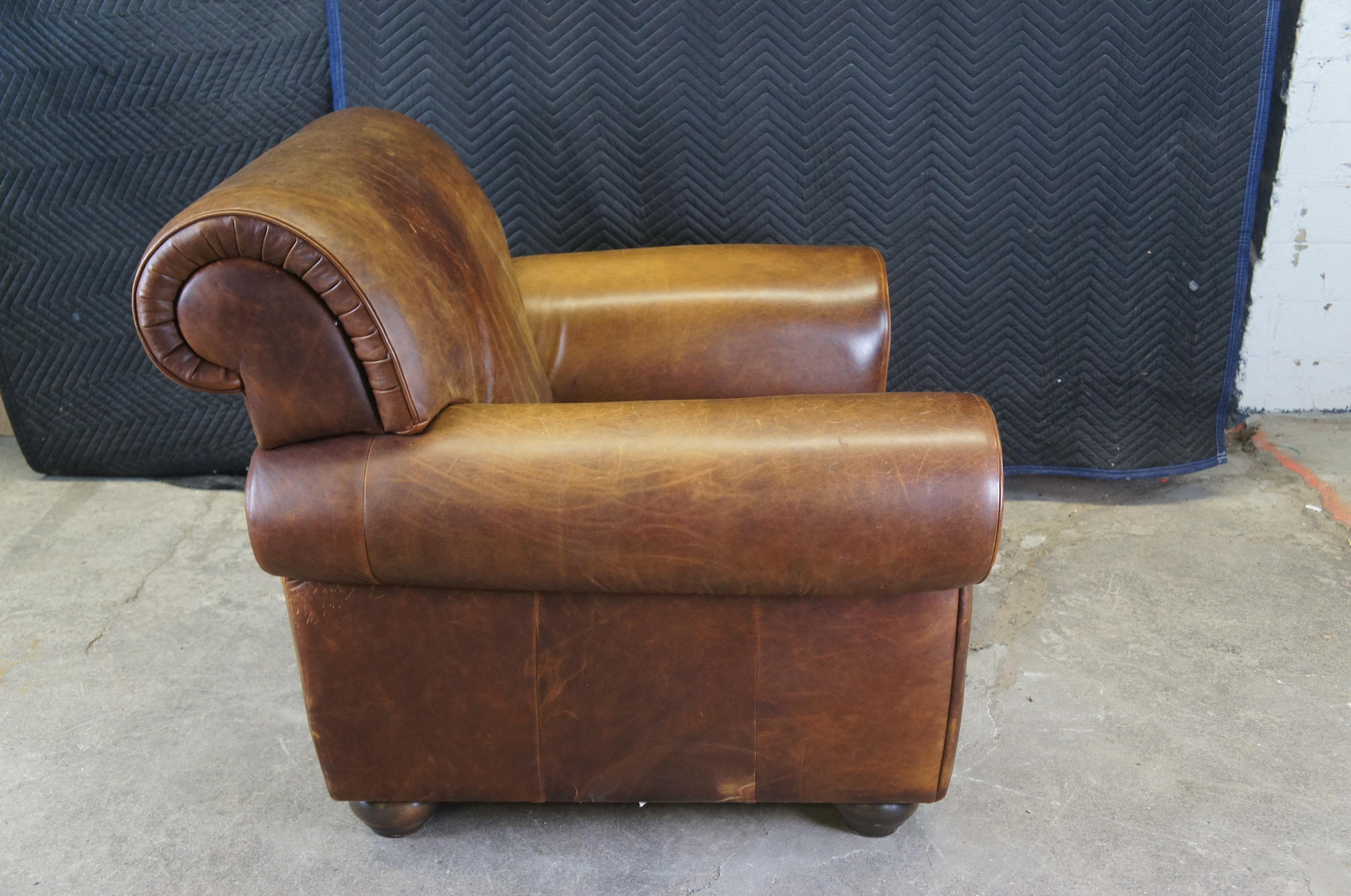 Vintage Natuzzi Italian Brown Leather Rolled Arm Club Lounge Chair & Ottoman 5