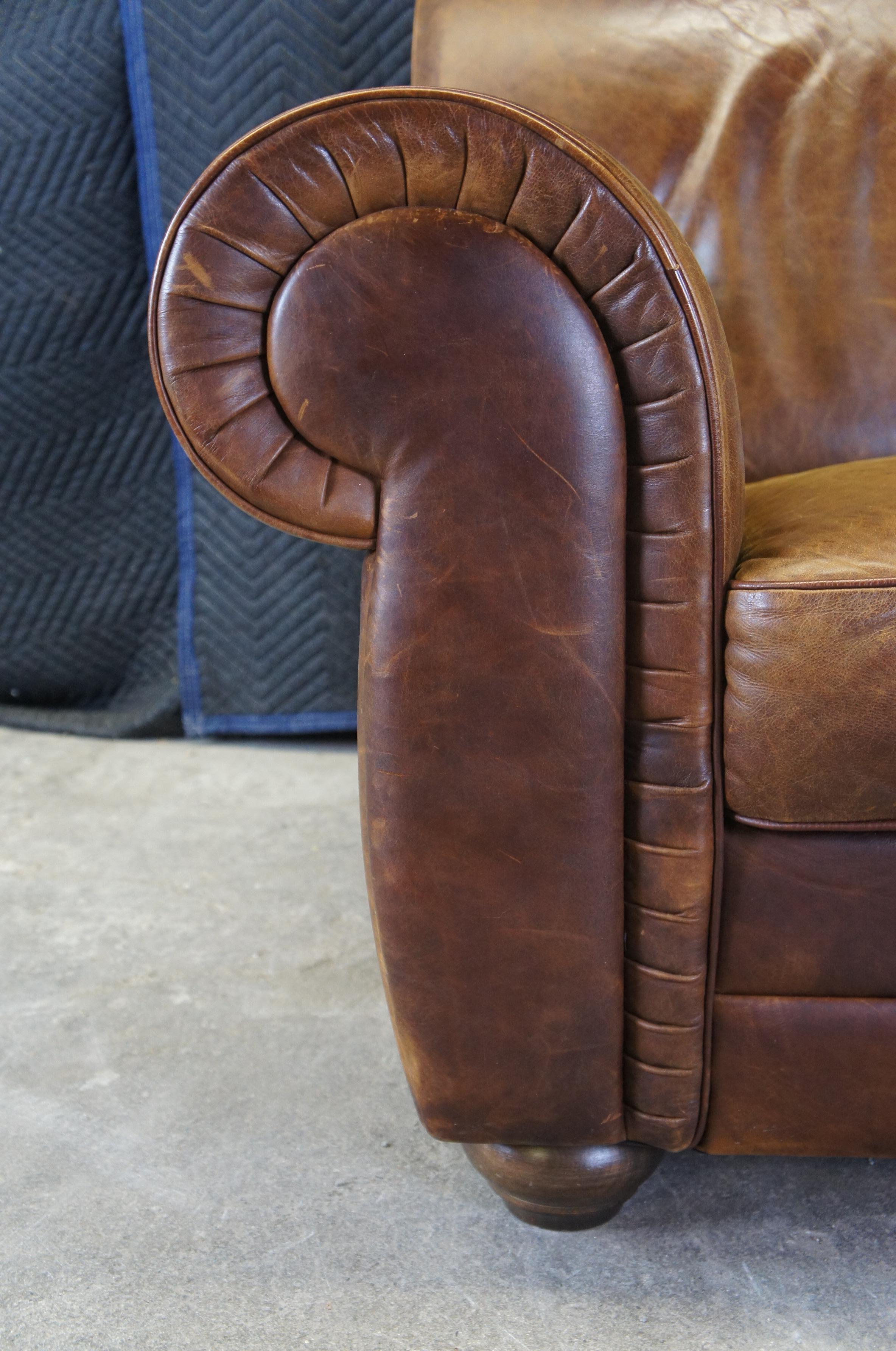 Vintage Natuzzi Italian Brown Leather Rolled Arm Club Lounge Chair & Ottoman In Good Condition In Dayton, OH