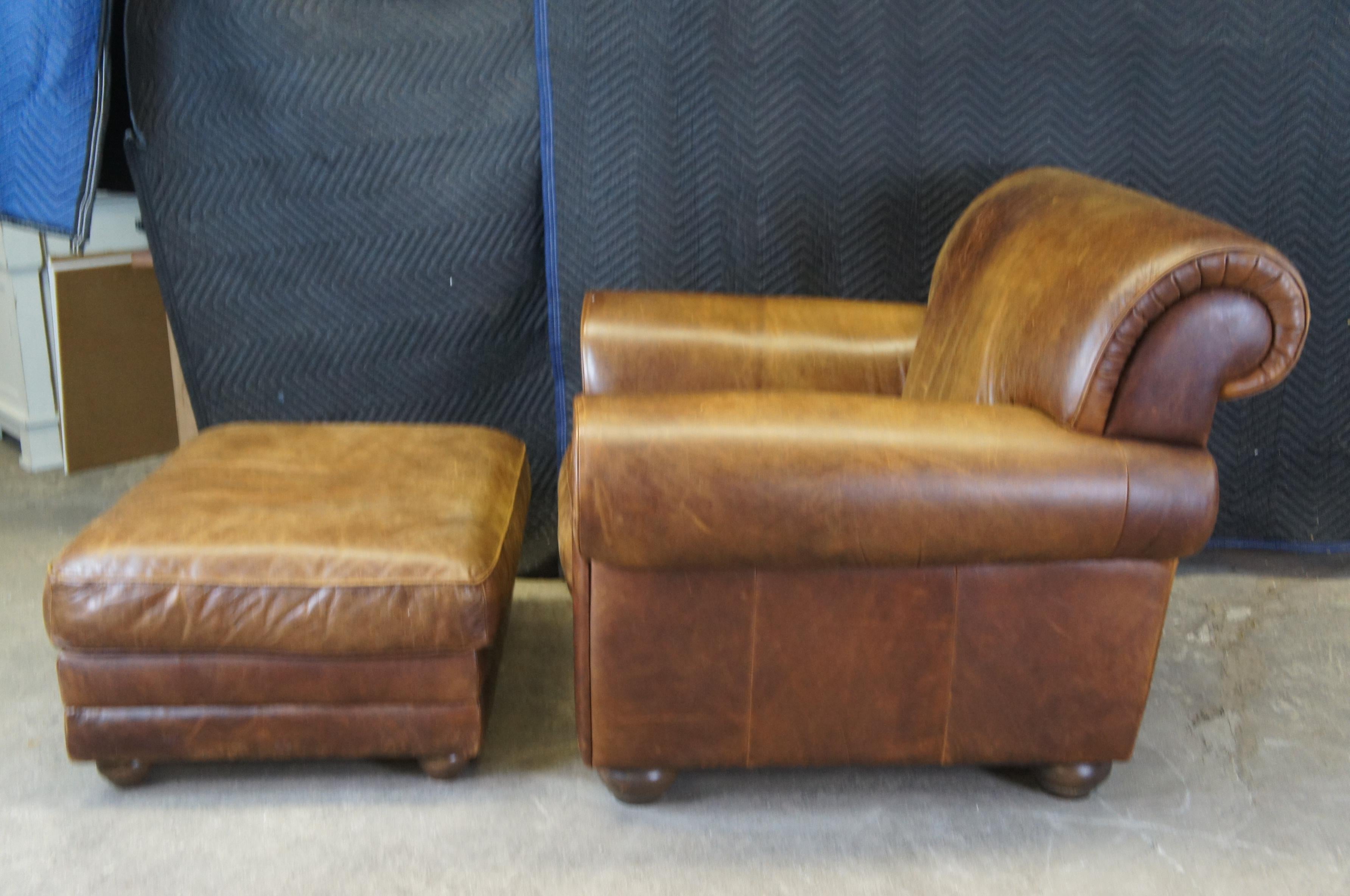 Vintage Natuzzi Italian Brown Leather Rolled Arm Club Lounge Chair & Ottoman 1