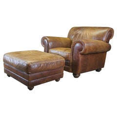 Used Natuzzi Italian Brown Leather Rolled Arm Club Lounge Chair & Ottoman