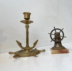 Vintage Nautical Anchor Candlestick & Boat Wheel Cigar Cutter in Brass, 1930s