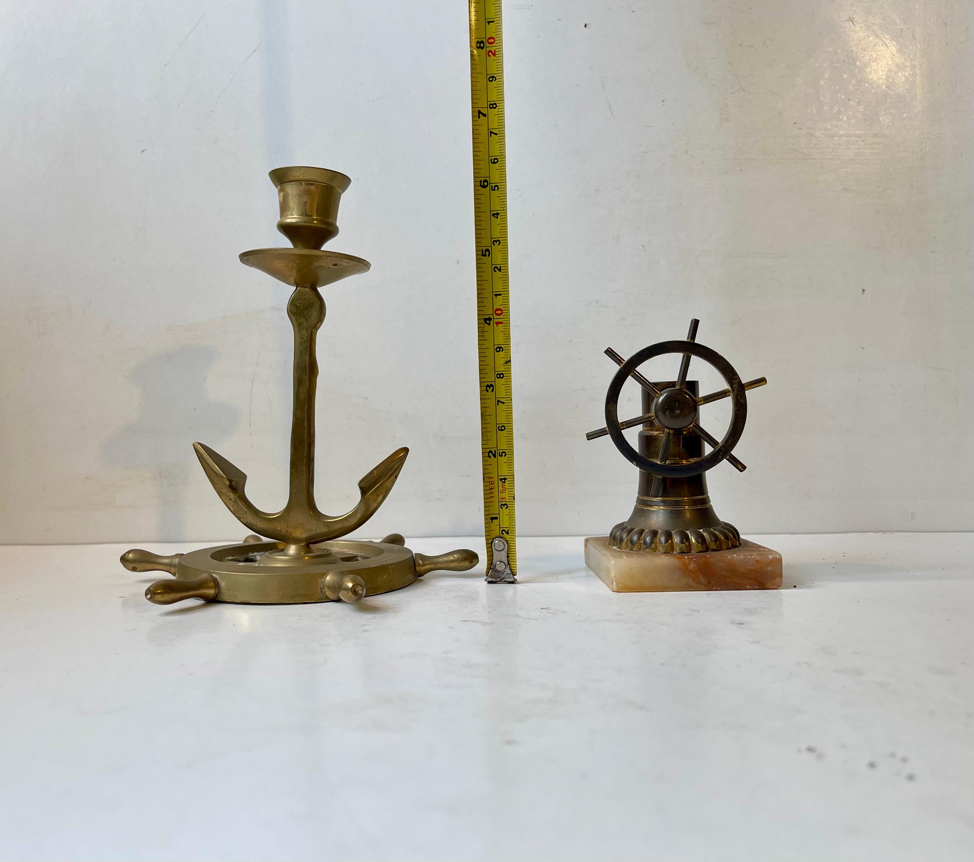 Art Deco Vintage Nautical Anchor Candlestick & Boat Wheel Cigar Cutter in Brass, 1930s For Sale