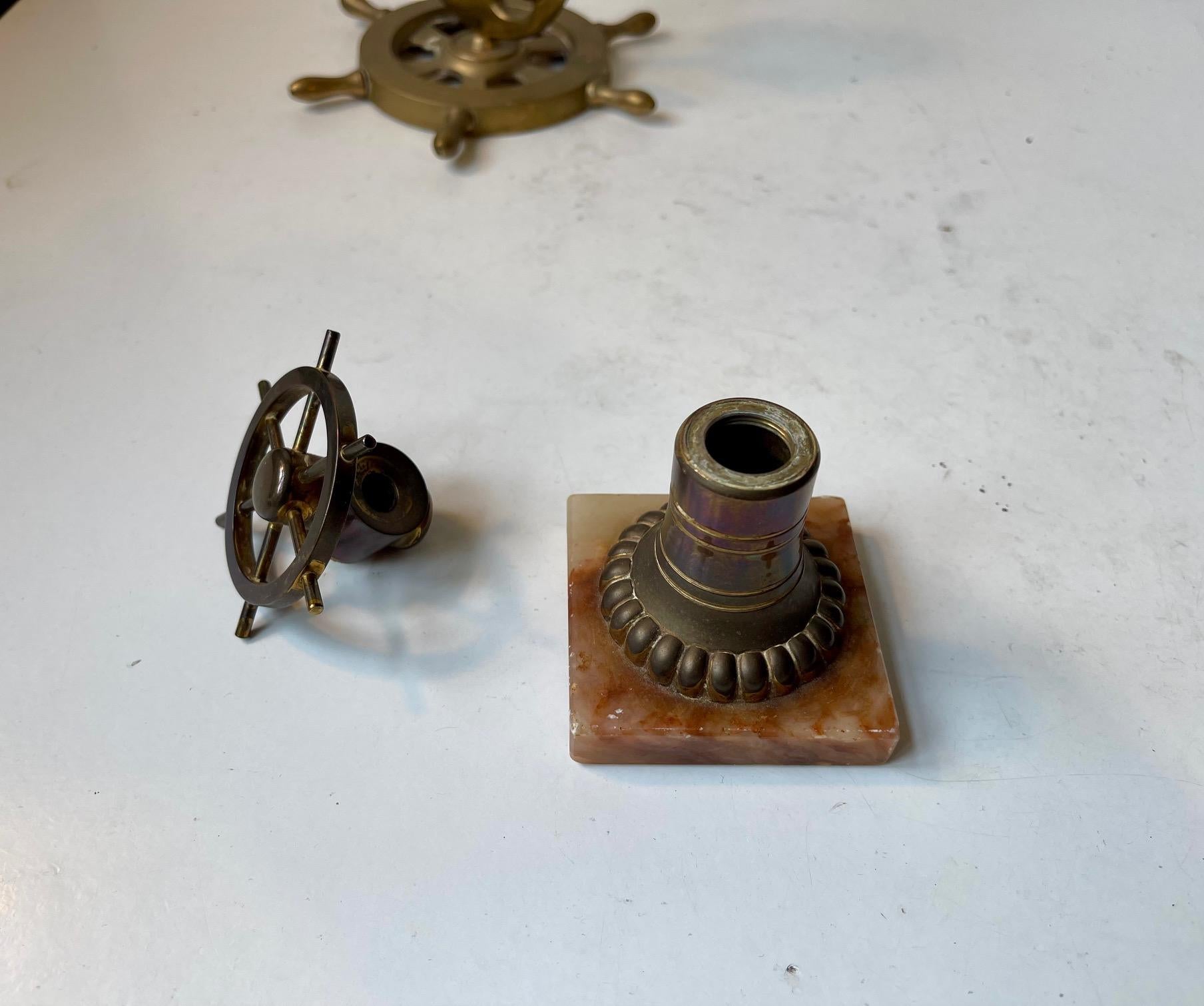 Vintage Nautical Anchor Candlestick & Boat Wheel Cigar Cutter in Brass, 1930s In Good Condition For Sale In Esbjerg, DK