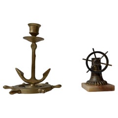 Antique Nautical Anchor Candlestick & Boat Wheel Cigar Cutter in Brass, 1930s
