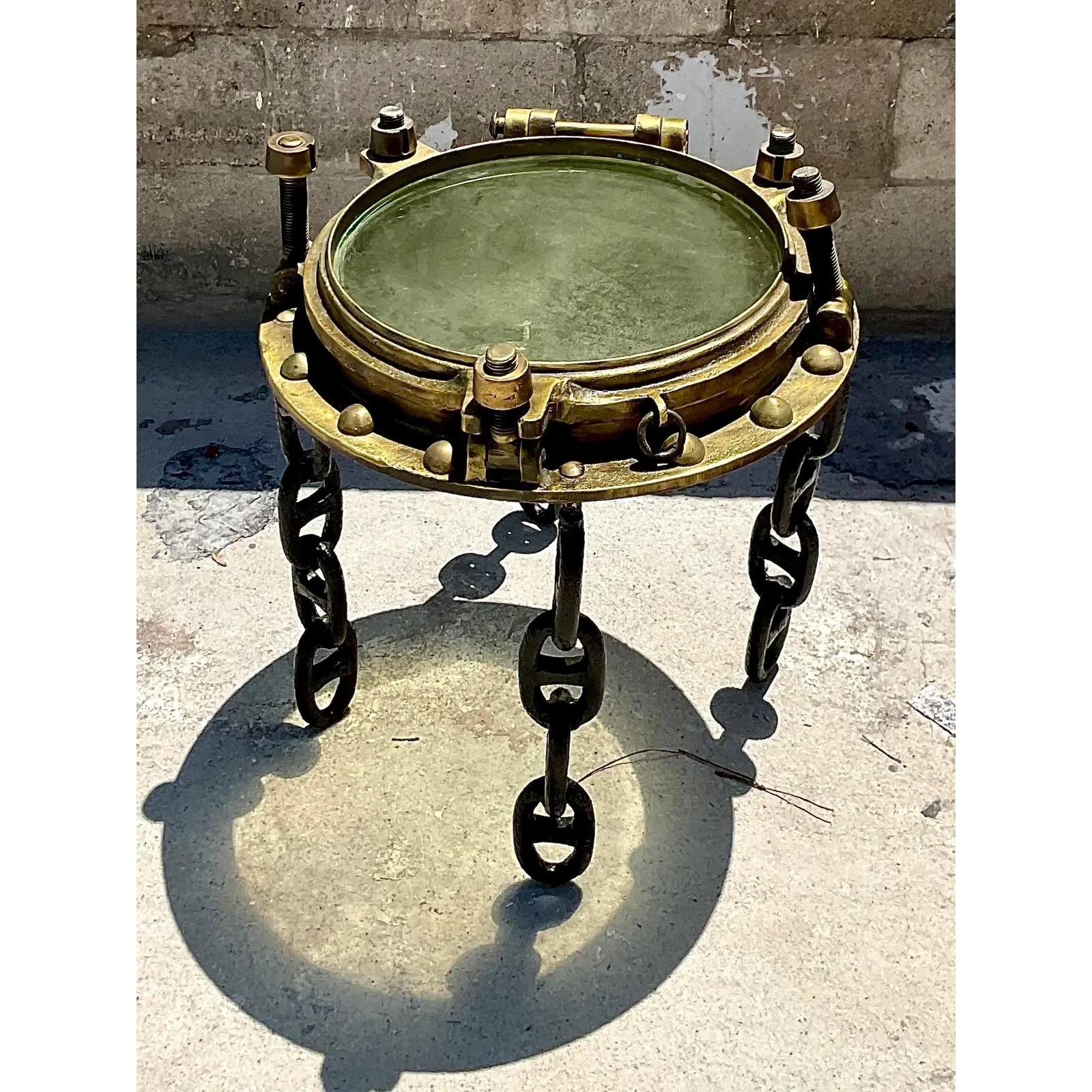 Vintage Nautical Brass Genuine Port Hole Side Table In Good Condition In west palm beach, FL