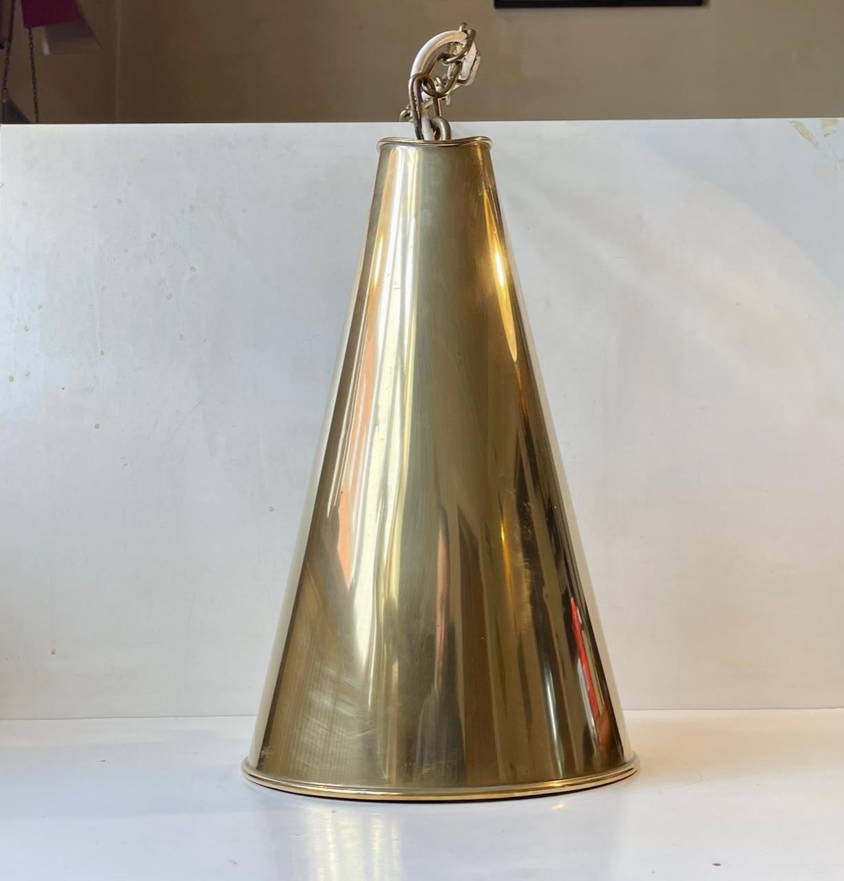 Scandinavian Modern Vintage Nautical Brass Megaphone Pendant Lamp, 1970s For Sale