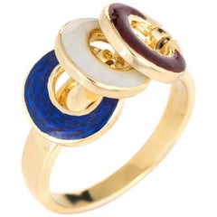 Vintage Nautical Charm Ring 18 Karat Yellow Gold Red White Blue Enamel Tango