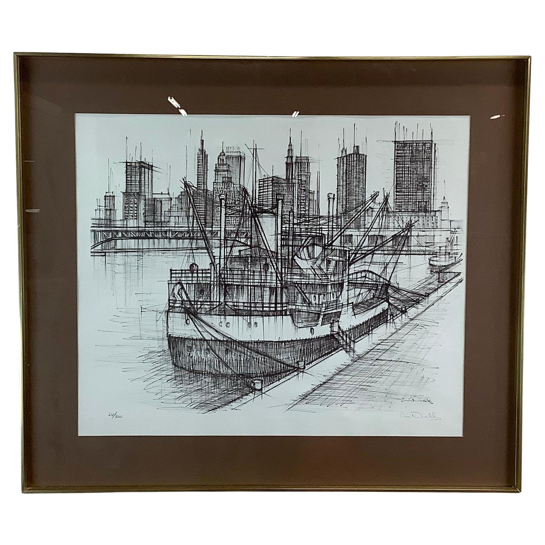 Litografia d
epoca con paesaggio urbano nautico, anni 
60 in vendita