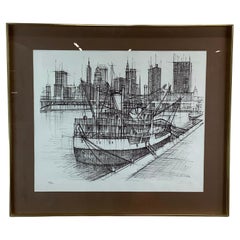 Vintage Nautical Cityscape Lithograph, 1960s
